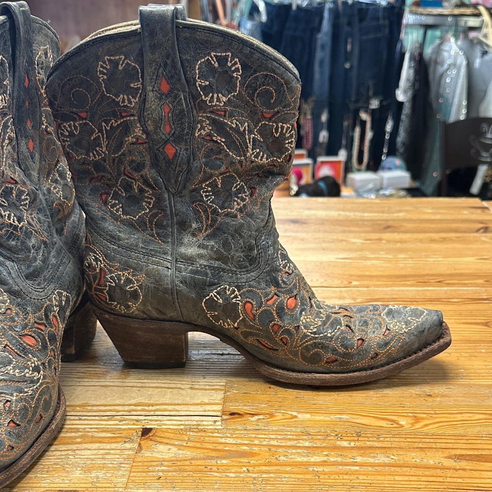 Women’s Black Leather Western Heeled Boots with Orange Accents - Picture 2 of 4